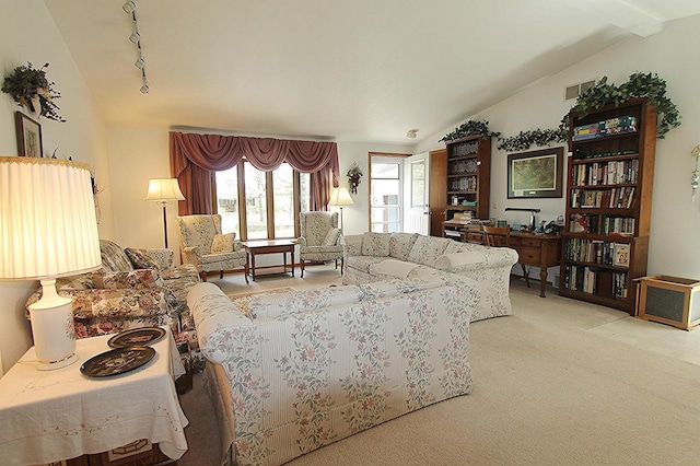 living area with lofted ceiling, carpet flooring, and rail lighting