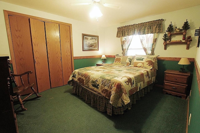 carpeted bedroom with a closet and ceiling fan