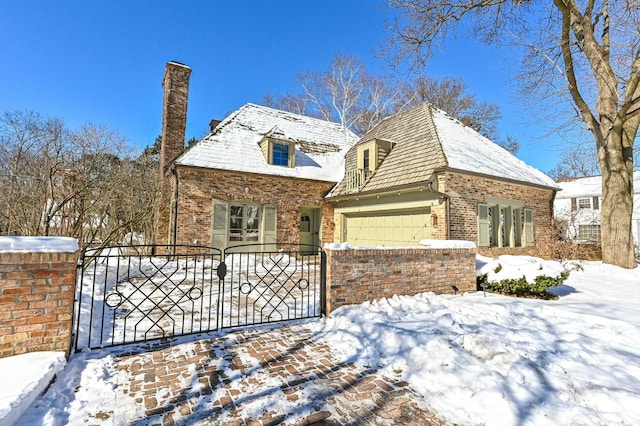 view of front of property with a fenced front yard, a chimney, an attached garage, a gate, and brick siding