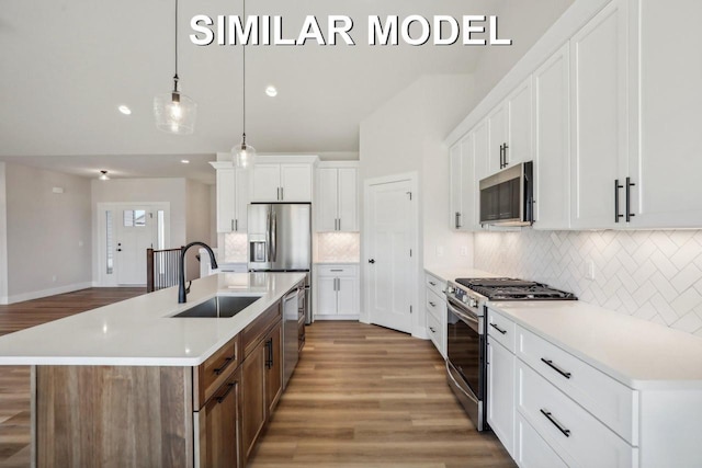 kitchen with white cabinetry, stainless steel appliances, a sink, and wood finished floors