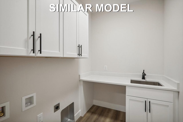 laundry area featuring dark wood-style flooring, washer hookup, a sink, cabinet space, and electric dryer hookup