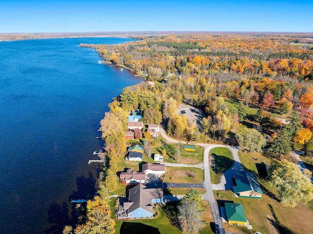 bird's eye view with a forest view and a water view