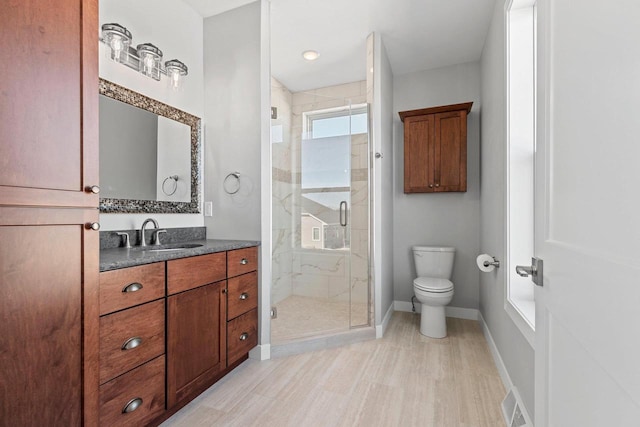 full bath with visible vents, baseboards, toilet, vanity, and a shower stall