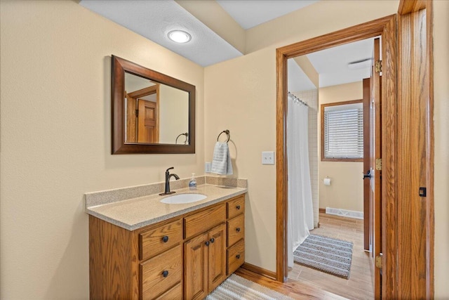 bathroom with visible vents, vanity, baseboards, and wood finished floors