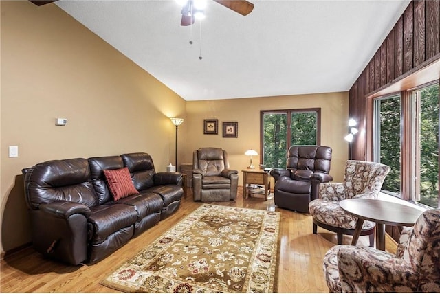 115 Pine Crest Rd, Balsam Lake, WI 54810 - living room featuring vaulted ceiling, ceiling fan, light wood finished floors, and plenty of natural light