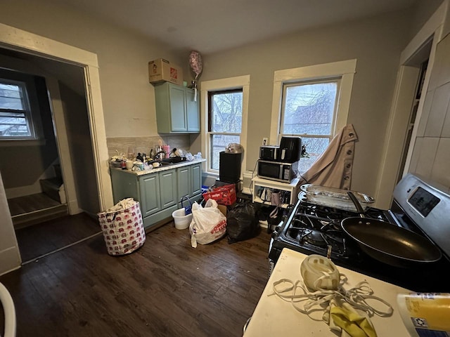 kitchen with dark wood-type flooring, light countertops, stainless steel microwave, and a sink