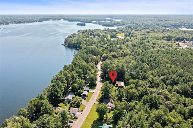 birds eye view of property with a water view and a wooded view