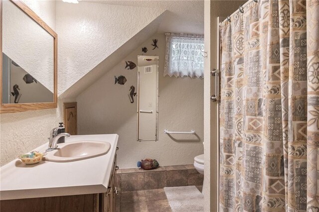 115 Pine Crest Rd, Balsam Lake, WI 54810 - bathroom with a textured ceiling, a textured wall, vaulted ceiling, and toilet