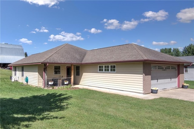 single story home with a porch, a garage, roof with shingles, and a front lawn