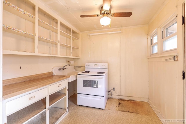 kitchen featuring ceiling fan, a sink, electric range, and open shelves