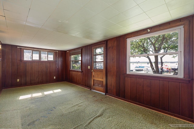 carpeted entryway with wood walls and baseboards