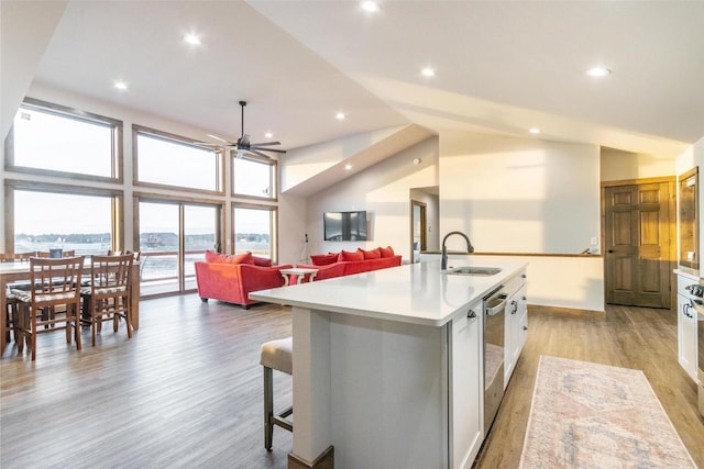N8791 Lake Cabin Dr, New Lisbon, WI 53950 - kitchen with light wood finished floors, light countertops, stainless steel dishwasher, a kitchen island with sink, and a sink