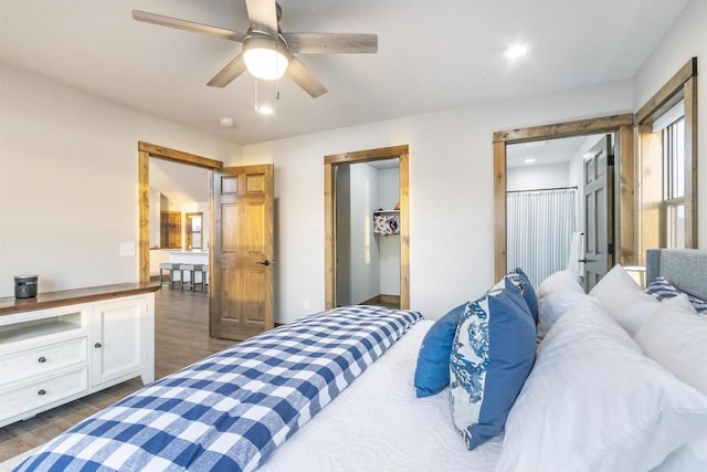N8791 Lake Cabin Dr, New Lisbon, WI 53950 - bedroom featuring dark wood-style floors, ceiling fan, and recessed lighting