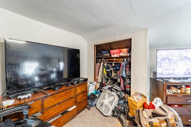 bedroom with lofted ceiling, a closet, carpet flooring, and a textured ceiling