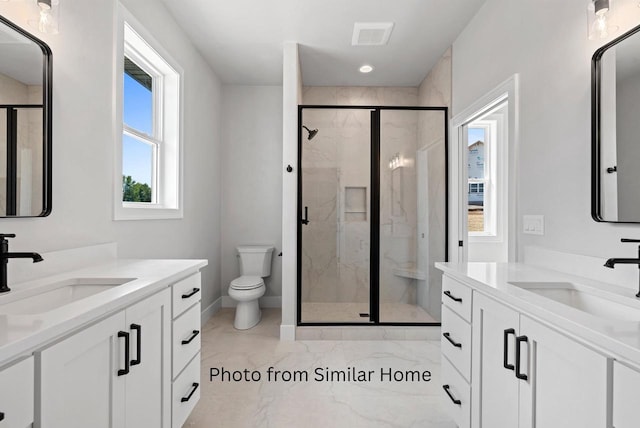 bathroom featuring a healthy amount of sunlight, a shower stall, and a sink