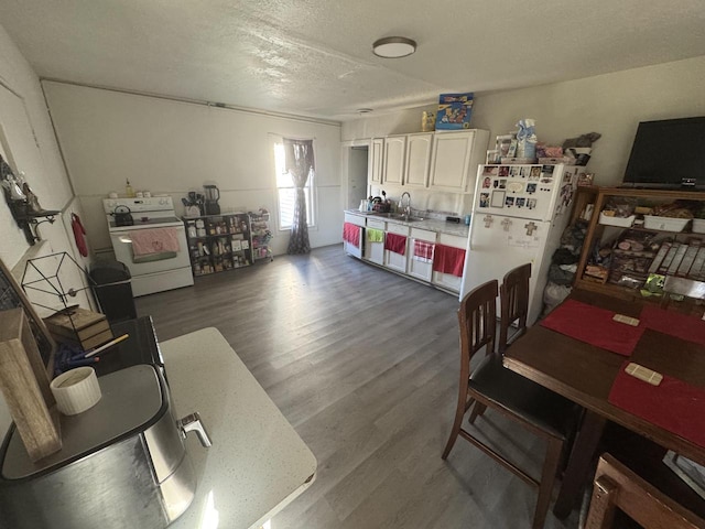 interior space with light countertops, dark wood-type flooring, a sink, a textured ceiling, and white appliances