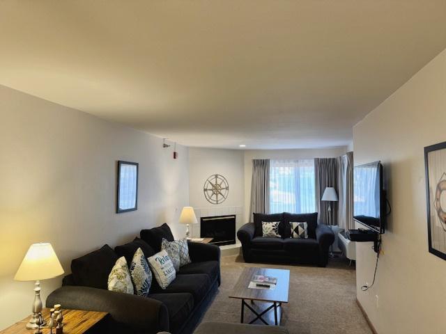 carpeted living room with a fireplace with raised hearth