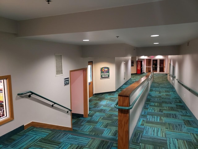 game room with carpet flooring, visible vents, and recessed lighting