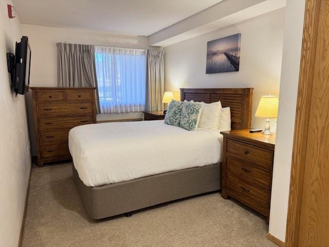 bedroom featuring light colored carpet