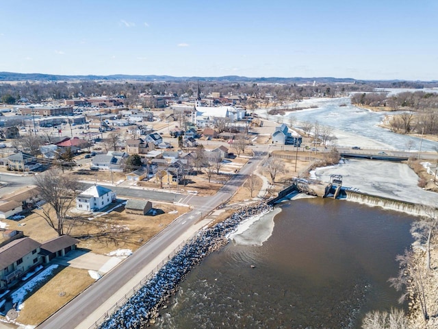 drone / aerial view with a water view