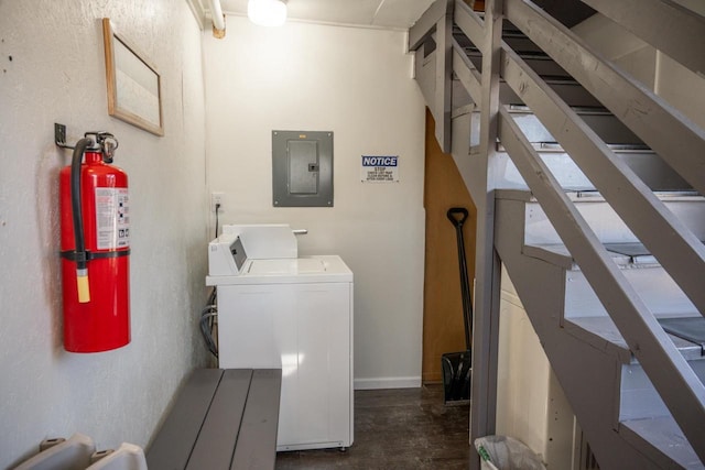 laundry room with electric panel and washer and dryer