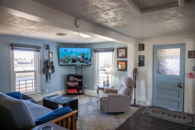 living area featuring baseboards, a textured ceiling, and wood finished floors