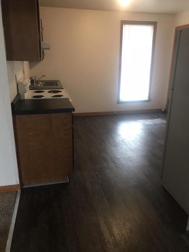 kitchen featuring dark wood-type flooring, baseboards, a sink, and ventilation hood