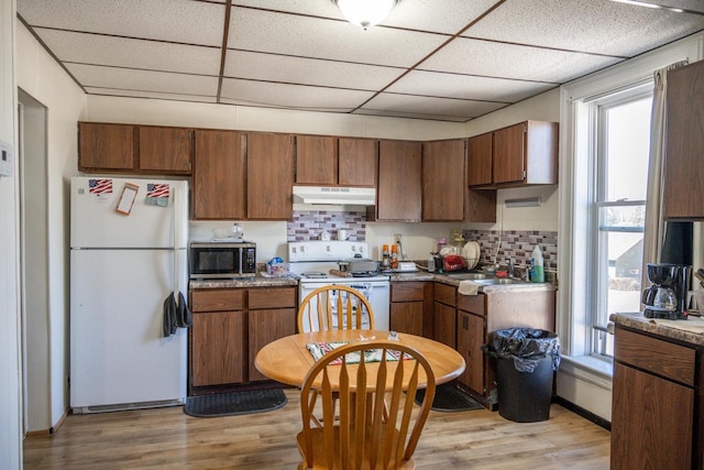 kitchen with white appliances, a drop ceiling, light wood-style floors, and under cabinet range hood