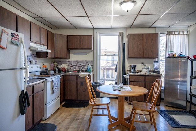 kitchen with light wood-style flooring, a wealth of natural light, white appliances, and under cabinet range hood