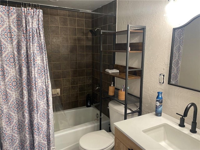 155 Zach St, Glidden, WI 54527 - bathroom featuring shower / bath combo, a textured wall, vanity, and toilet
