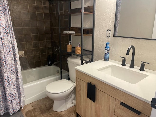 155 Zach St, Glidden, WI 54527 - bathroom featuring a textured wall, vanity, toilet, and shower / bathtub combination with curtain