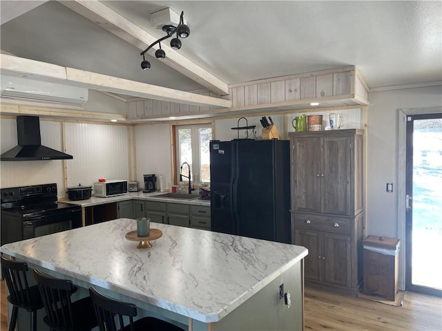 155 Zach St, Glidden, WI 54527 - kitchen featuring a sink, black appliances, light stone countertops, light wood-type flooring, and wall chimney exhaust hood