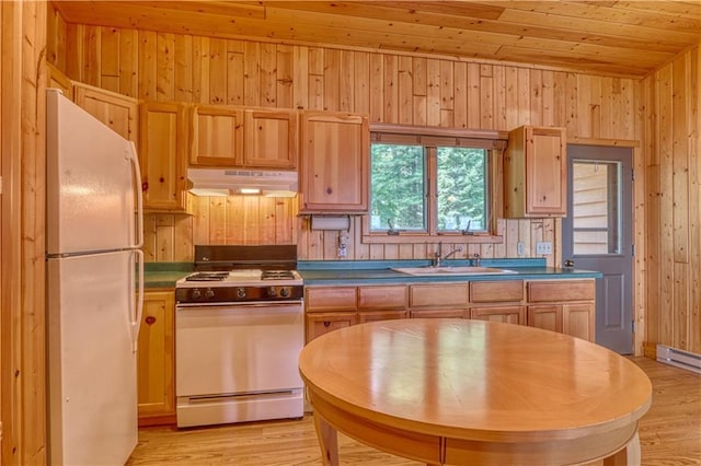 kitchen featuring light wood-type flooring, white appliances, under cabinet range hood, and a sink