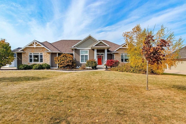craftsman inspired home featuring stone siding and a front lawn