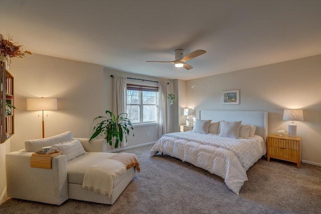 bedroom with baseboards, carpet, and ceiling fan