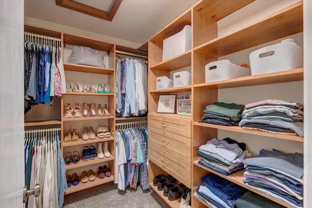 spacious closet with attic access and carpet floors