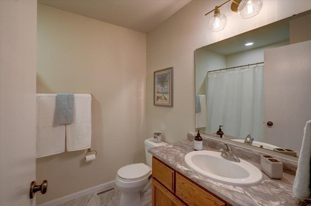 full bath with visible vents, baseboards, toilet, marble finish floor, and vanity