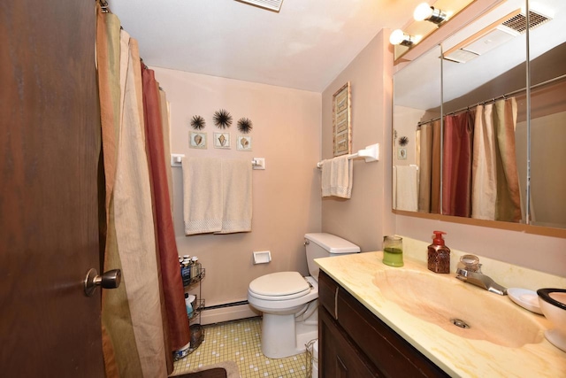 bathroom featuring toilet, baseboard heating, a shower with shower curtain, and vanity