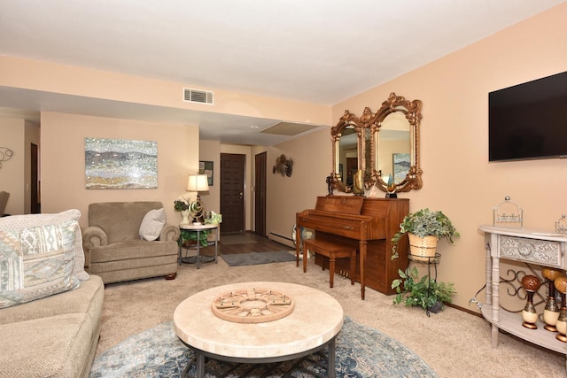 living room with light carpet, baseboards, and visible vents