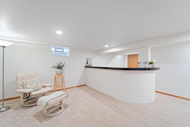 bar with carpet, baseboards, a bar, and recessed lighting