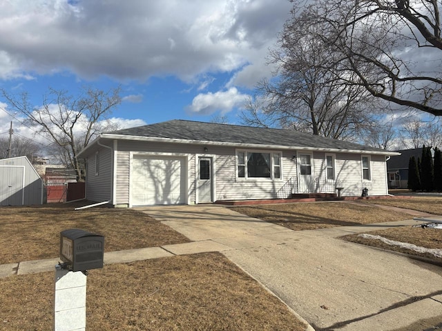 ranch-style home with a garage, concrete driveway, fence, and a shingled roof