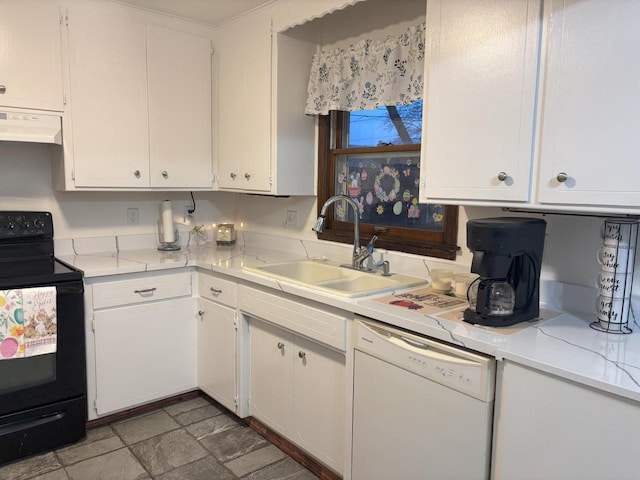 kitchen with white cabinetry, a sink, white dishwasher, black / electric stove, and extractor fan