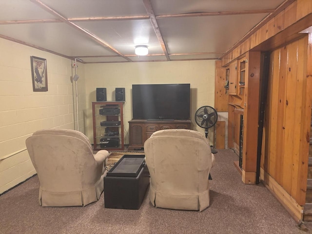 living area featuring concrete block wall