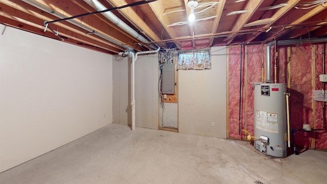 unfinished basement with electric panel and water heater