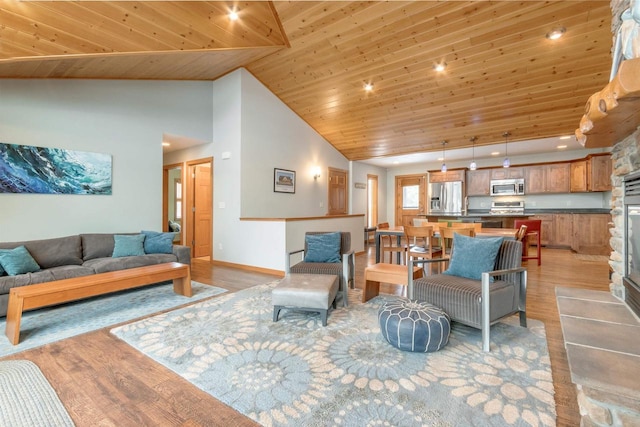 N8111 Castaway Dr, New Lisbon, WI 53950 - living room featuring baseboards, wood ceiling, and light wood-style floors