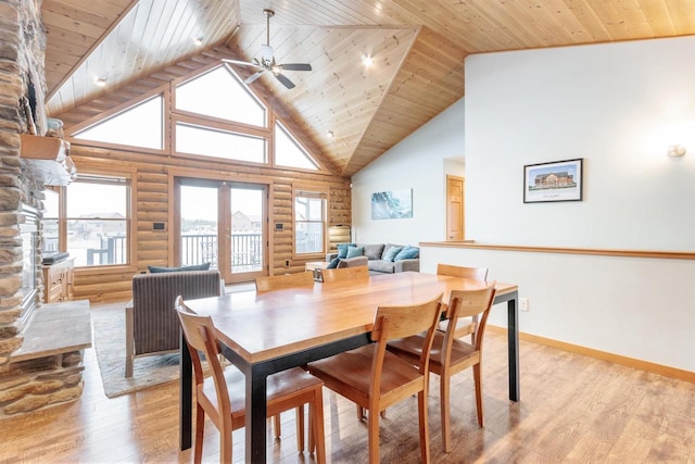 N8111 Castaway Dr, New Lisbon, WI 53950 - dining space with french doors, light wood-style floors, high vaulted ceiling, wooden ceiling, and baseboards