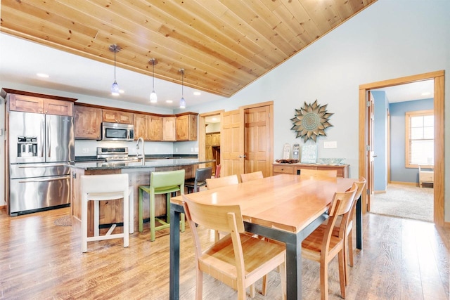 N8111 Castaway Dr, New Lisbon, WI 53950 - dining space with high vaulted ceiling, light wood-type flooring, wooden ceiling, and baseboards