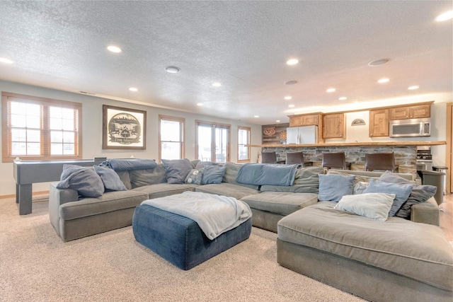 N8111 Castaway Dr, New Lisbon, WI 53950 - carpeted living room with recessed lighting, a textured ceiling, and baseboards