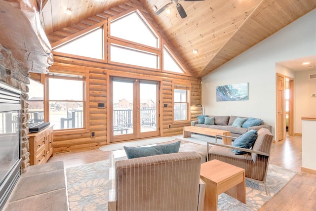 N8111 Castaway Dr, New Lisbon, WI 53950 - living room featuring ceiling fan, high vaulted ceiling, wooden ceiling, french doors, and light wood finished floors