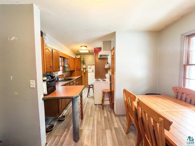 kitchen with white appliances, brown cabinetry, light wood-style flooring, a textured ceiling, and a sink